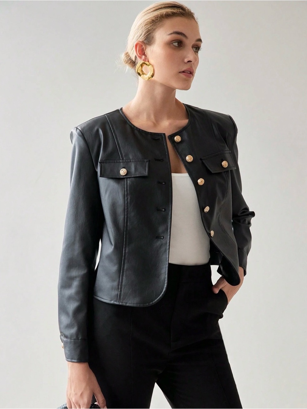 Motf Pu Leather Flap Detail Single Breasted Placket Jacket Size Medium